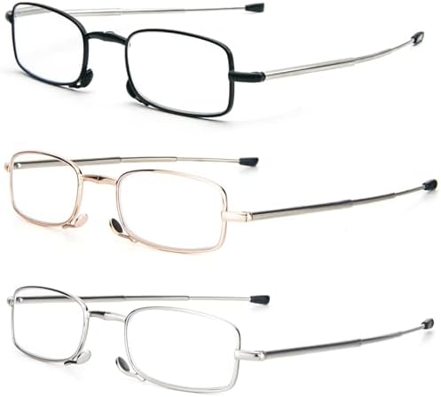 REAVEE 3 Pack Folding Reading Glasses with Keychain Compact Bags for Women Men, Blue Light Blocking Spring Hinge Portable Pocket Readers, Black Gold and Silver 1.5