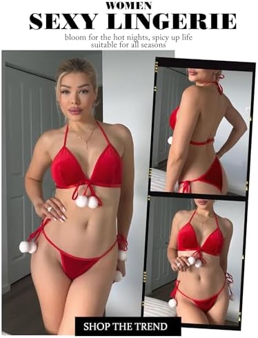 Avidlove Christmas Lingerie Set for Women Bra and Panty Set Halter Velvet Santa Costume Set 2 Piece