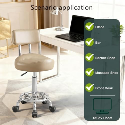 Saddle Stool with Back and Ring Pedal, Adjustable Hydraulic Rolling Chair with Wheels for Salon, Spa, Medical, Massage & Drafting Use Khaki