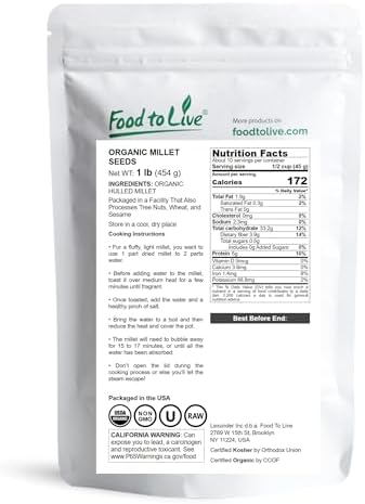 Food to Live Organic Hulled Millet, 1 Pound - Whole Grain Seeds, Non-GMO, Kosher, Raw, Bulk, Product of the USA