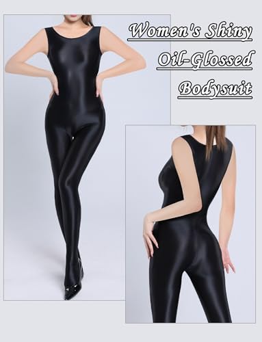 Women's Glossy Sleeveless Bodysuit Shiny Oil Sport Jumpsuit One Piece Silky Stretchy Tights Leotard