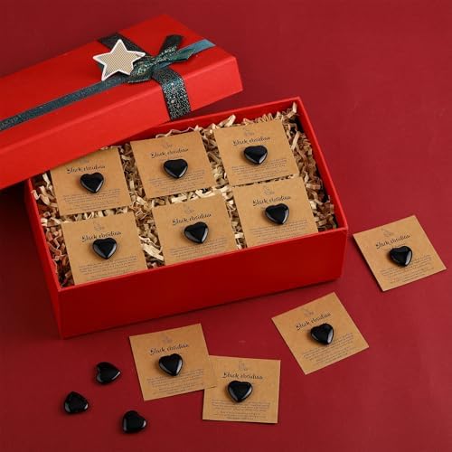 32 Pack Black Obsidian Heart Stone Gift Sets Bulk 0.8 Inch 16 Pcs Crystal Gemstone Crystals Rock with 16 Pcs Cards for Men Women
