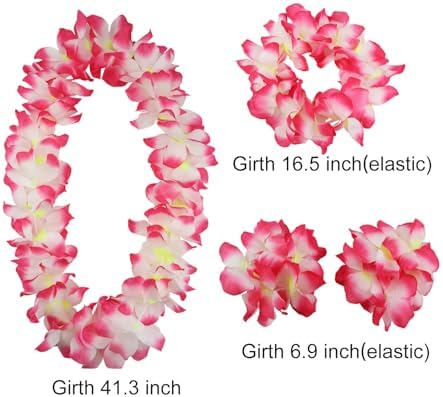 Hawaiian Leis Set,Hawaiian Luau Flower Leis Necklace Headband Bracelets Set,Essential Party Decorations for Birthday, Graduation, and Wedding Celebrations (Pink)