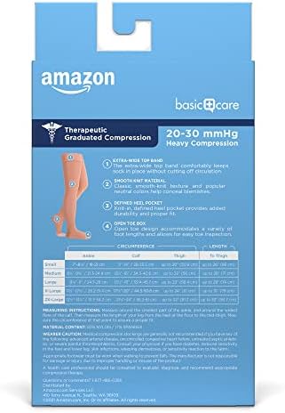 Amazon Basic Care Medical Compression Stockings, 20-30 mmHg Support, Women & Men Thigh Length Hose, Open Toe, Beige, Medium (Previously NuVein) (Pack of 2)