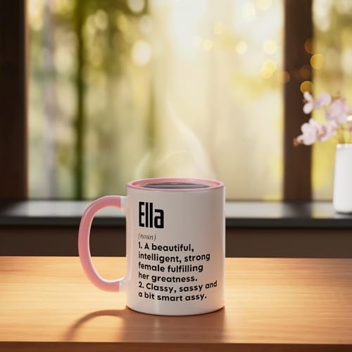 Ella Definition Funny Meaning Personalized Name Ceramic Mug, Pink/White