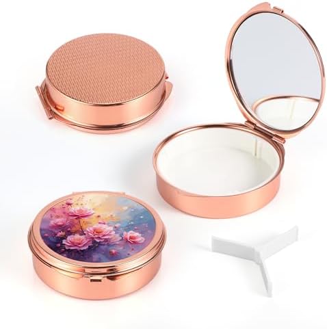 Dynippy Pill Case Pill Box with Mirror Pocket 3 Compartment Medicine Case Vitamin Pill Organizer for Pocket Purse and Travel (Round, Rose Gold-BloomGlow)
