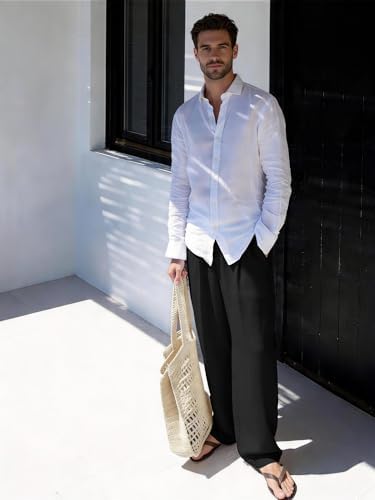 Comdecevis Men's Casual Linen Pleated Pants Lightweight Loose Fit Summer Beach Linen Dress Trousers