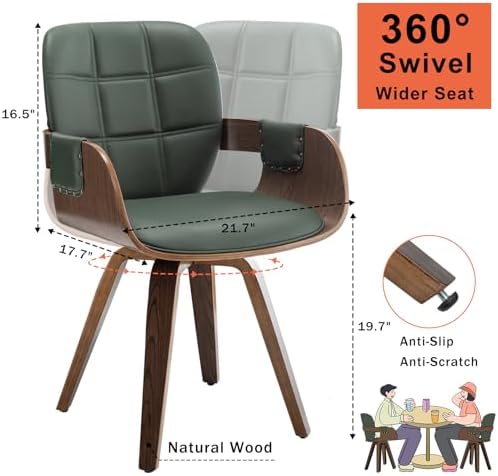 Set of 2 MCM dining Chairs - Swivel Faux Leather Dining Chairs with Arms and Curved Back, Bentwood Structure, Walnut Craftsmanship, Versatile for Kitchen/Restaurant/Conference Room (Walnut Green)