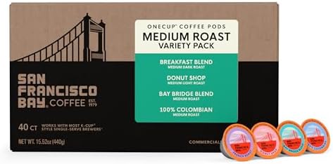San Francisco Bay K-Cup Coffee Pods Medium Roast Variety Pack (40 ct), Includes 100% Colombian, Donut Shop, Breakfast Blend, & Organic Rainforest Blend, Commercially Compostable Single-Serve Coffee Pods