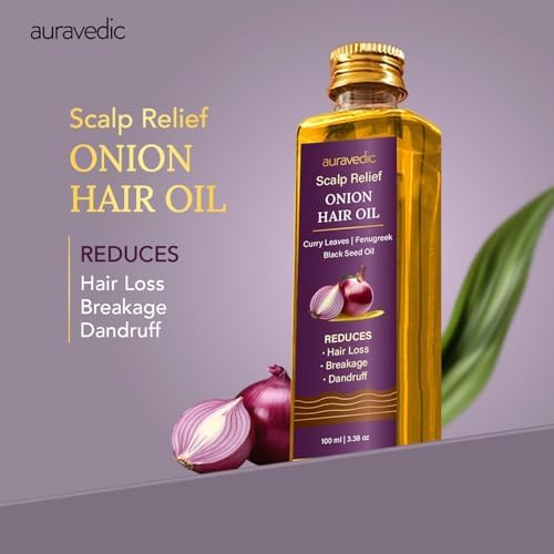 Auravedic Onion Hair Oil for Scalp Care & Stronger Hair | Lightweight Hair Oil with Fenugreek, Black Seed & Curry Leaves | Helps Reduce Breakage & Support Healthy Looking Hair | 3.38 Fl Oz (100ml)