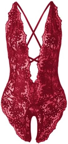 SOLY HUX Women's One Piece Lingerie Sexy Lace Babydoll Deep V Teddy Criss Cross Backless Teddy Mini Bodysuit