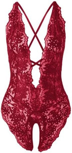 SOLY HUX Women's One Piece Lingerie Sexy Lace Babydoll Deep V Teddy Criss Cross Backless Teddy Mini Bodysuit