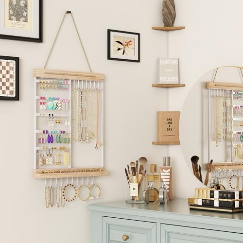 Feyejade Hanging Jewelry Organizer and Storage, 5-Tier White Earring Necklace Holder Jewelry Display Organizer Stand Rack, Wall Mounted for Earrings Necklaces Bracelets and Rings, White