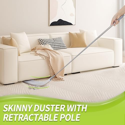 IVYROLL Duster with Extension Pole, Skinny Duster/Under Appliance Cleaning Tool & Spider Web Brush & Ceiling Cleaner, 100" Microfiber Feather Cleaner with Washable Head for Fan Furniture Wall