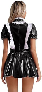 Linjinx Women's French Maid Costume Wet Look Leather Short Puff Sleeve Dress Cosplay Outfits