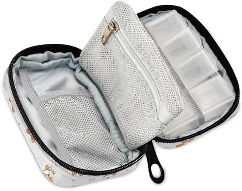 Cute Corgi Dog Pill Organizer Case Yellow Puppy Bone 7 Day Travel Pill Box with Zipper Portable Weekly Vitamin Medicine Supplement Holder Pouch Bag
