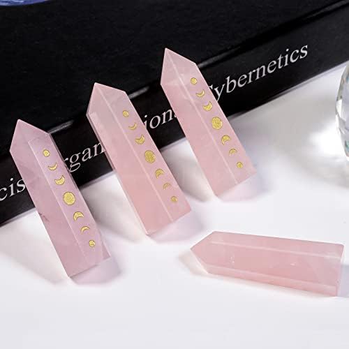 Rockcloud Moon Phase Engraved Crystal Point, Lunar Eclipse Hexagonal Wand Pocket Stone for Reiki Meditation Home Decoration, Rose Quartz