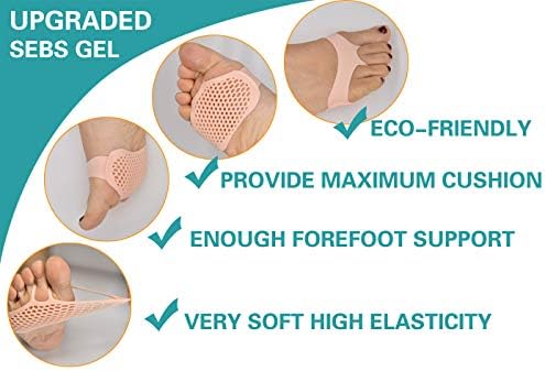 8 PC Ball of Foot Cushion, Soft Gel Metatarsal Pads with Forefoot Cushioning & Metatarsalgia Support, Bunion, Mortons Neuroma, Callus, Honeycomb Breathable Non-Slip Ultra-Thin Fit for High Heels, Washable White & Skin Tone for Women, Men