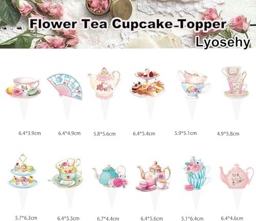 48PCS Tea Party Paper Cupcake Toppers, Floral Tea Time Tea Party Decorations, Afternoon Tea Themed Birthday Party Cake Picks for First Shower Princess Birthday Party Wedding Favors