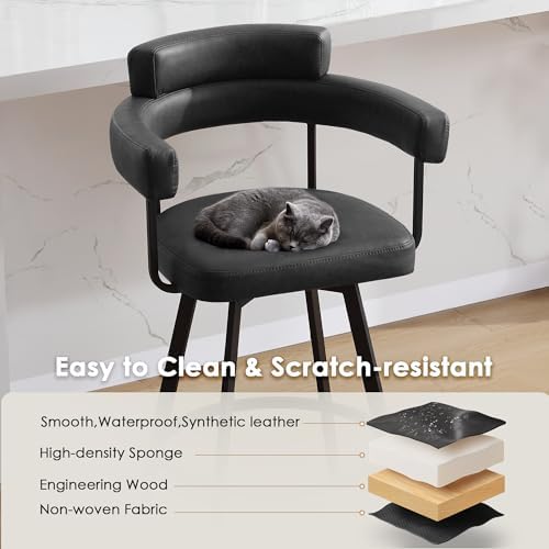 26’’ Swivel Counter Height Stools with Round Back, Faux Leather Upholstered Bar Stools with Metal Legs, Armrest, Modern Counter Stools for Kitchen Island, Dining Room (Black, Set of 2)