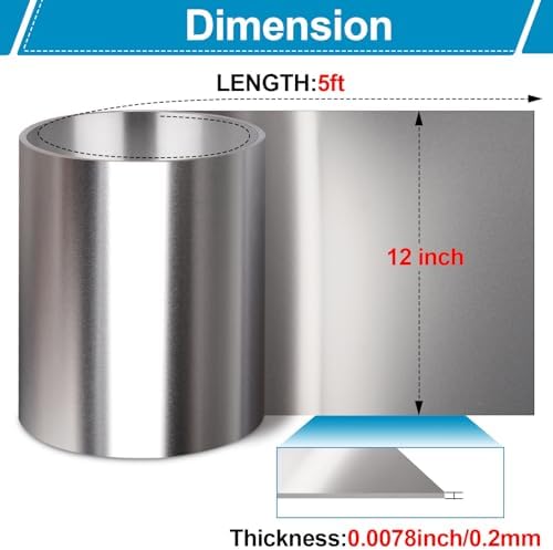 Vigorous 304 Stainless Steel Foil Roll, 12" x 5Ft Stainless Steel Sheet, Full Hard, 0.2mm Thick Stainless Steel Flashing for DIY, Arts & Crafts Project, Decoration, Protection, Kitchen and Bath