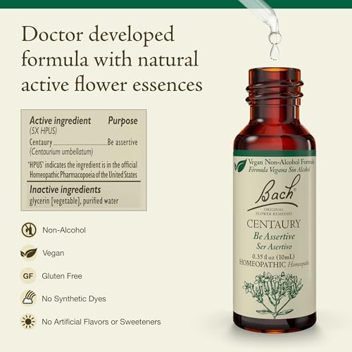 Bach Original Flower Remedies, Centaury (Non-Alcohol Formula) - Be Assertive - Natural Homeopathic Flower Essence for Emotional Balance - Vegan, Gluten Free, Sugar Free - 10mL Dropper