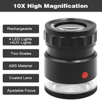 Rechargeable Loupe 10x Jewelers Loupe Magnifier with UV and LED Lights, Led Eye Loop Adjustable Focus Jewelry Magnifying Glass with Interchangeable Reticle Scales for Gemstones Identification
