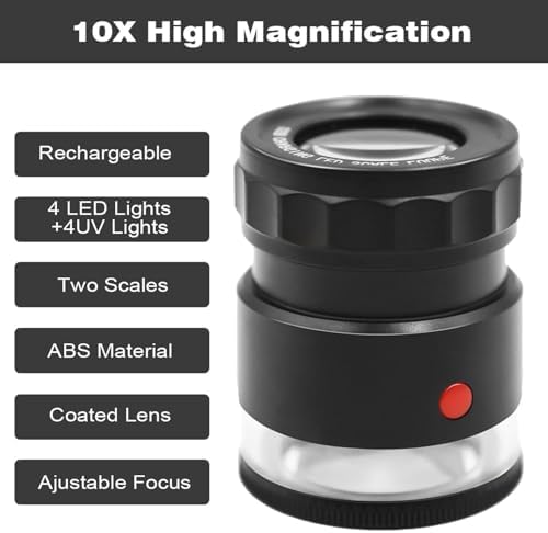 Rechargeable Loupe 10x Jewelers Loupe Magnifier with UV and LED Lights, Led Eye Loop Adjustable Focus Jewelry Magnifying Glass with Interchangeable Reticle Scales for Gemstones Identification
