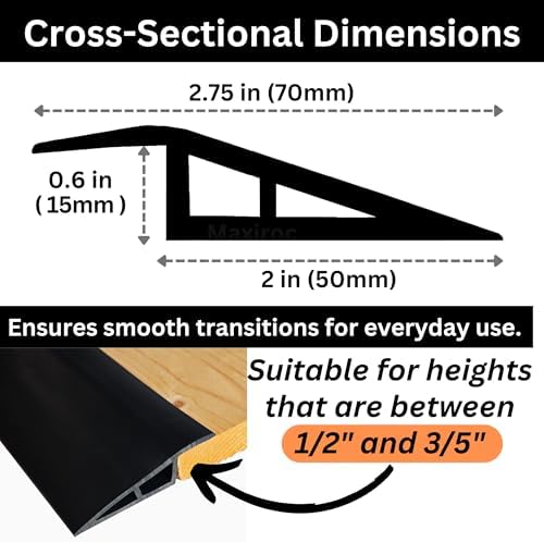 1/2" to 3/5" Height Threshold Ramp - Rubber Threshold, Floor Transition Strip, Wheelchair Ramp, Door Strip, Carpet to Tile Strip (Black, 40 inches)