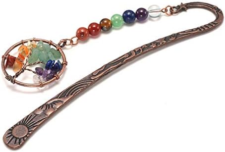 Jovivi Antique Copper Metal Bookmark Beading Bookmarks with Handmade 7 Chakra Healing Crystals Tree of Life Tumbled Gemstones and Round Beads