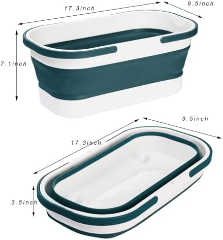 Yesland 2 Pack Collapsible Plastic Bucket with Wheels, 12L (3.17 Gallon) Foldable Rectangular Mop Bucket, Portable Water Pail with Handle for House Cleaning, Car Washing, Fishing, Camping, Gray & Blue