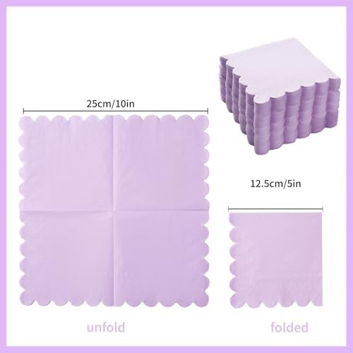 200 Pack Cocktail Napkin 2-Ply Scalloped Edged Dessert Napkins Folded 5 x 5 Inches Disposable Napkins for Dinner Wedding Birthday Party Bridal Anniversary Reception Event (Purple)