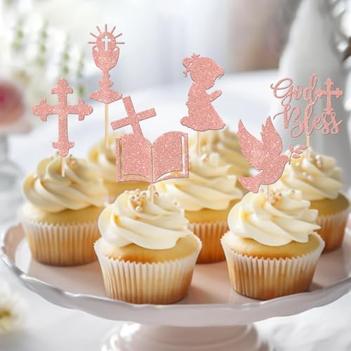 24 PCS Girl God Bless and Baptism Cupcake Toppers Glitter Dove Cross Cupcake Picks First Communion Christian Baptism Theme Baby Shower Girls Birthday Party Cake Decorations Supplies Rose Gold
