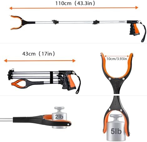 43" Foldable Grabber Reacher Tool,Reacher Grabber Pickup Tool,Folding Grabbers for Elderly Grab It Reaching Tool with Rotating Jaw+Magnets,Grabber Reacher Tool Heavy Duty