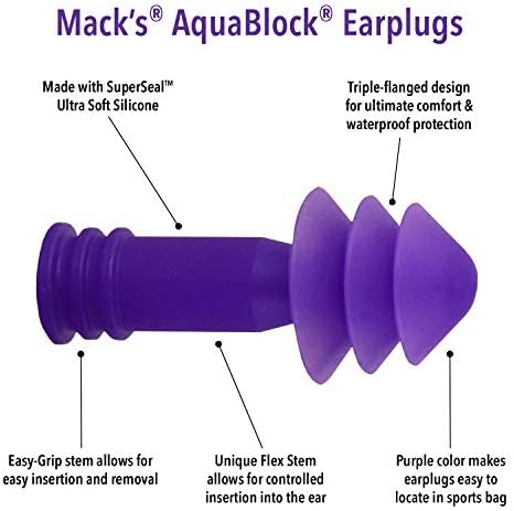 Mack's AquaBlock Swimming Earplugs, 3 Pair - Comfortable, Waterproof, Reusable Silicone Ear Plugs for Swimming, Snorkeling, Showering, Surfing and Bathing (Purple)