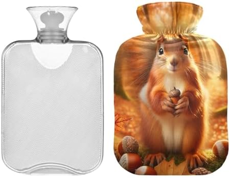 Autumn Cute Squirrel Hot Water Bottle with Soft Velvet Cover Hot Water Bag for Neck, Shoulder and Menstrual Cramps, 1L