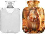 Autumn Cute Squirrel Hot Water Bottle with Soft Velvet Cover Hot Water Bag for Neck, Shoulder and Menstrual Cramps, 1L