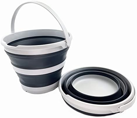 SAMMART 10L (2.6 Gallon) Collapsible Plastic Bucket - Foldable Round Tub - Portable Fishing Water Pail - Space Saving Outdoor Waterpot, Size 33cm Dia (Grey/Charcoal Black (Set of 2))