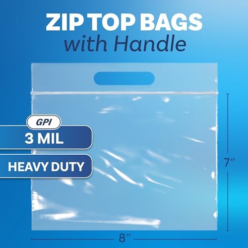 Biodegradable 8" X 7" Quart Plastic Zip Bags With Die Cut Handle For Carrying, 100 Count, Heavy-Duty 3 Mil Clear Reclosable Eco-Friendly Poly Baggies, Zip Top Lock for Food Storage & Clothing