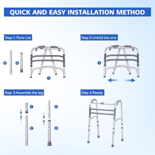 Folding Standard Walkers for The Seniors,MAX 350lbs，Portable Aluminum Alloy Walker，Adjustable Height, 2-in-1 Fixed，Cross Walk Modes Aluminum Frame Height Adjustable Standard Walkers