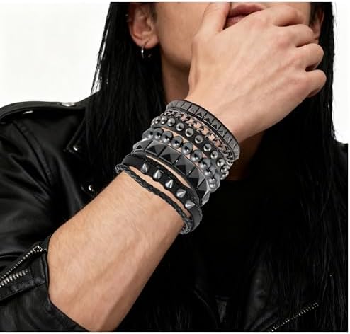 Eigso 4 Pcs Punk Leather Rock Studded Bracelets for Men Women Retro Classic Spiked Metal Cuff Bracelet Set for Man Woman