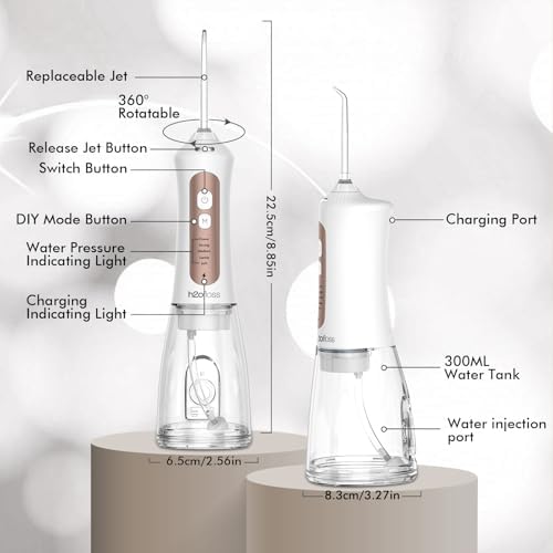 H2ofloss Potable Water Flosser with Beginner Tip – 5 Oral Care Modes, 2500mAh Rechargeable Dental Irrigator with 300ml Tank, IPX7 Waterproof, Portable for Braces, Teeth & Gums, Travel-Friendly