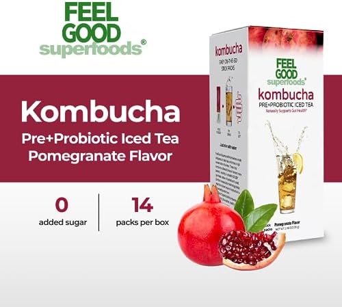 FeelGood Superfoods Kombucha Iced Tea Packets, Delicious Pomegranate Flavored Refreshing Instant Kombucha Powder Fizzy Drink, Probiotic Supplement for Gut Health, 14 pack
