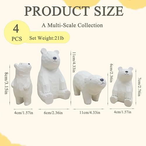 4PCS Polar Bear Family Statue, White Polar Bear Mom and Baby Figurine Home Decor Realistic Polar Animal Sculptures for Desktop Shelf Table Desk Bedroom Office Farmhouse Decoration Gifts