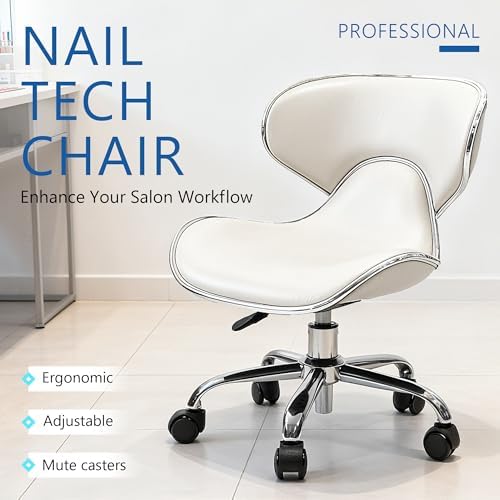 Lessmore White Swivel & Adjustable Pedicure Stool - Ergonomic Nail tech Chair for Salon Professionals, Comfortable Pedicure Chair with Smooth Rotation (1,Creamy White)