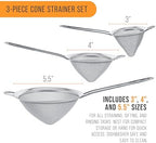 U.S. Kitchen Supply Set of 3 Stainless Steel Conical Strainers - 3", 4" & 5.5" Sizes - Chinois Style, Extra Fine Twill Mesh Sieve, Stainless Steel Strainers and Colanders for Kitchen
