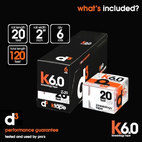 K6.0 Kinesiology Tape - 2in x 20ft White (6 Rolls) Latex-Free Hypoallergenic Joint Muscle Sports Medical Injury Support