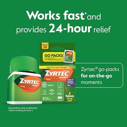 Zyrtec 24 Hour Allergy Relief Tablets, Indoor & Outdoor Allergy Medicine with 10 mg Cetirizine Hydrochloride Antihistamine, Value Bundle of one, 90 ct Bottle & Three, 1 ct Travel Packs