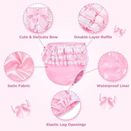 Littleforbig Washable Reusable Waterproof Ruffled Lace Bow Pretty in Pink Satin Over Adult Diaper Cover S