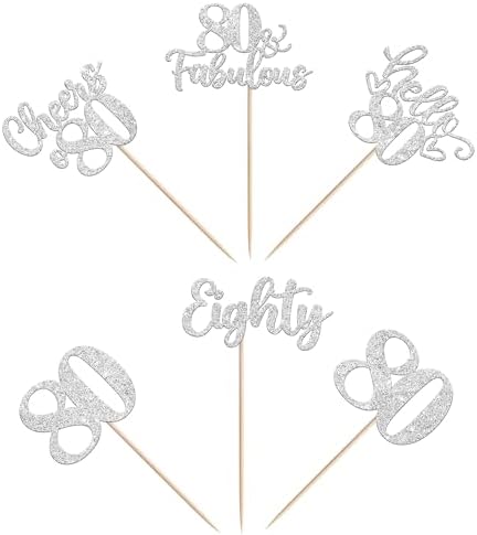 30 PCS Happy 80th Birthday Cupcake Toppers Glitter Eighty Hello 80 Cheers to 80 Fabulous Cupcake Picks for Happy 80th Birthday Anniversary Party Cake Decorations Supplies Silver